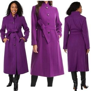 Kate Spade Purple Belted Maxi Wool Wild Bergamont Women's Coat Sz L winter fall